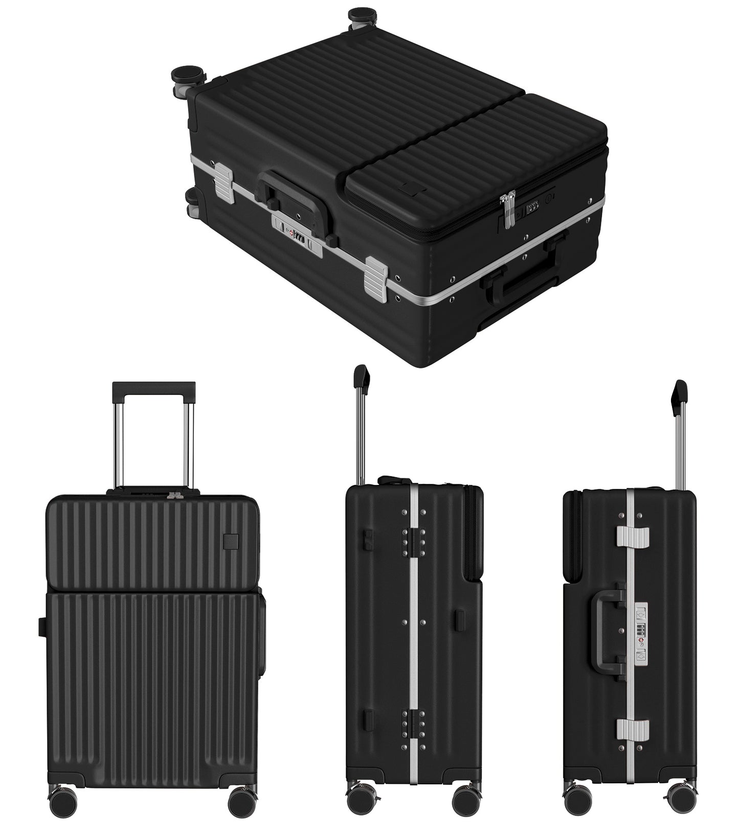 [Ashard] スーツケース 多機能フロントオープン キャリーケース ストッパー付き 機内持ち込み キャリーバッグ 携帯スタンド USBポート付き カップホルダー付き 隠しフック機能 超軽量 耐衝撃 静音 360度回転 ダブルキャスター アルミフレーム ピュアPC材質 大容量 TSAロック搭載 旅行 ビジネス 出張（4～7泊）