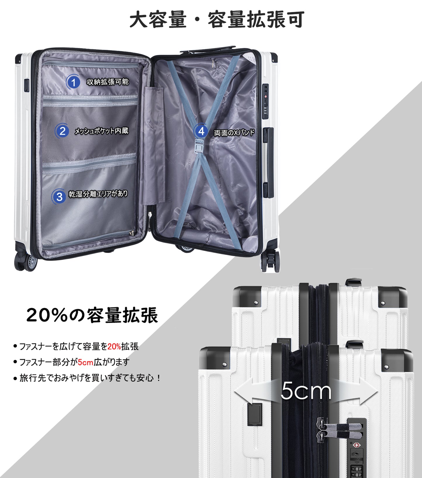 [Ashard] スーツケース 拡張機能付 ストッパー付き キャリーケース USBポート付き カップホルダー付き 超軽量 キャリーバッグ 隠しフック付き 耐衝撃 大型 静音 ダブルキャスター TSAローク搭載 ファスナータイプ 旅行 ビジネス 出張(4-7泊)