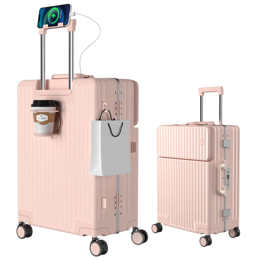 [Ashard] スーツケース 多機能フロントオープン キャリーケース ストッパー付き 機内持ち込み キャリーバッグ 携帯スタンド USBポート付き カップホルダー付き 隠しフック機能 超軽量 耐衝撃 静音 360度回転 ダブルキャスター アルミフレーム ピュアPC材質 大容量 TSAロック搭載 旅行 ビジネス 出張（1-3泊）