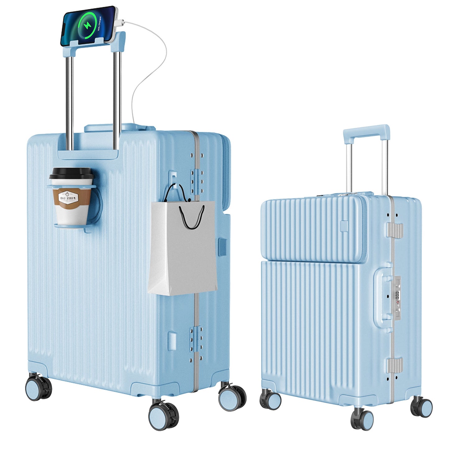 [Ashard] スーツケース 多機能フロントオープン キャリーケース ストッパー付き 機内持ち込み キャリーバッグ 携帯スタンド USBポート付き カップホルダー付き 隠しフック機能 超軽量 耐衝撃 静音 360度回転 ダブルキャスター アルミフレーム ピュアPC材質 大容量 TSAロック搭載 旅行 ビジネス 出張（1-3泊）