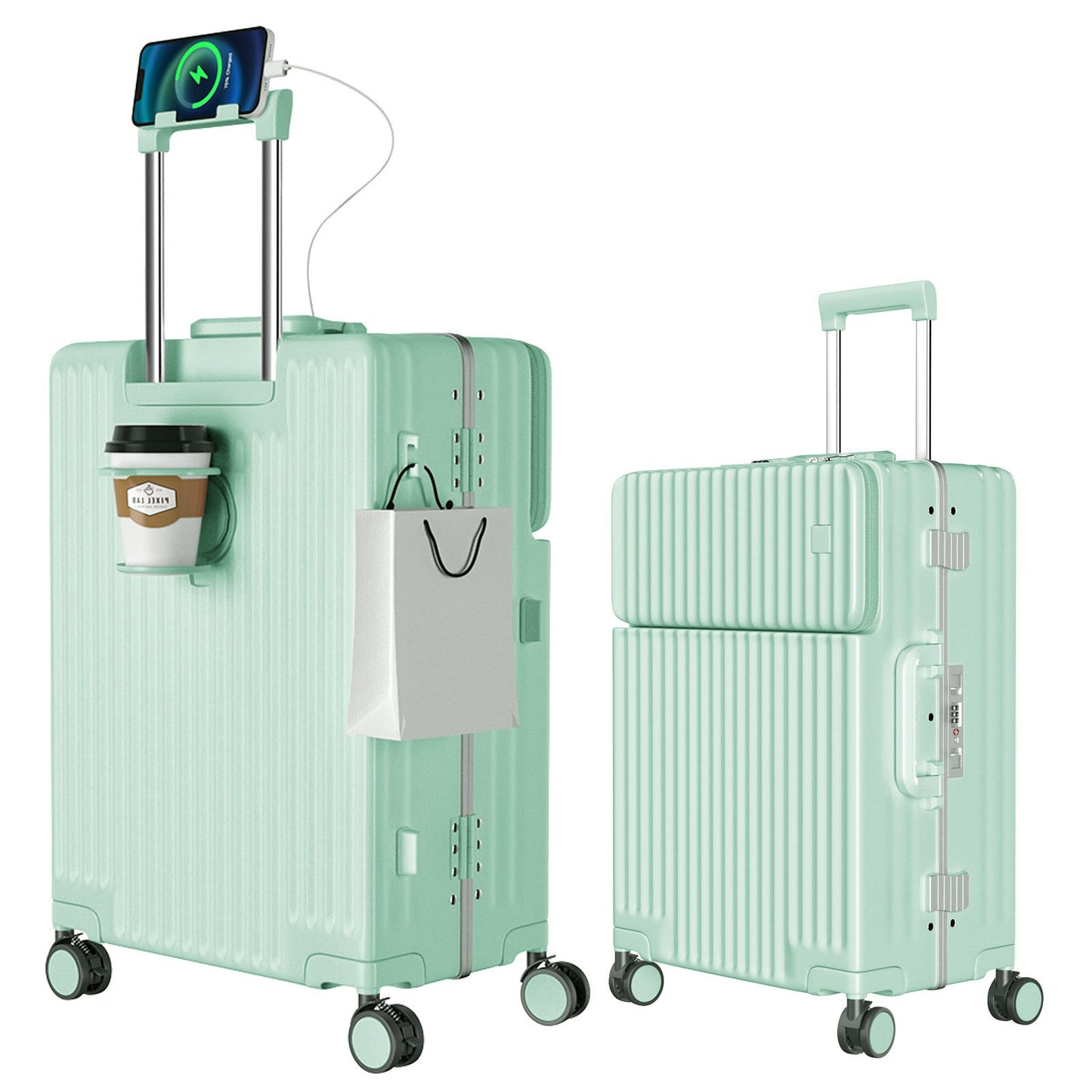 [Ashard] スーツケース 多機能フロントオープン キャリーケース ストッパー付き 機内持ち込み キャリーバッグ 携帯スタンド USBポート付き カップホルダー付き 隠しフック機能 超軽量 耐衝撃 静音 360度回転 ダブルキャスター アルミフレーム ピュアPC材質 大容量 TSAロック搭載 旅行 ビジネス 出張（1-3泊）