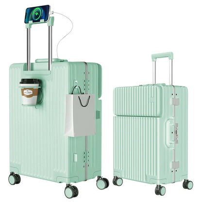 [Ashard] スーツケース 多機能フロントオープン キャリーケース ストッパー付き 機内持ち込み キャリーバッグ 携帯スタンド USBポート付き カップホルダー付き 隠しフック機能 超軽量 耐衝撃 静音 360度回転 ダブルキャスター アルミフレーム ピュアPC材質 大容量 TSAロック搭載 旅行 ビジネス 出張（1-3泊）