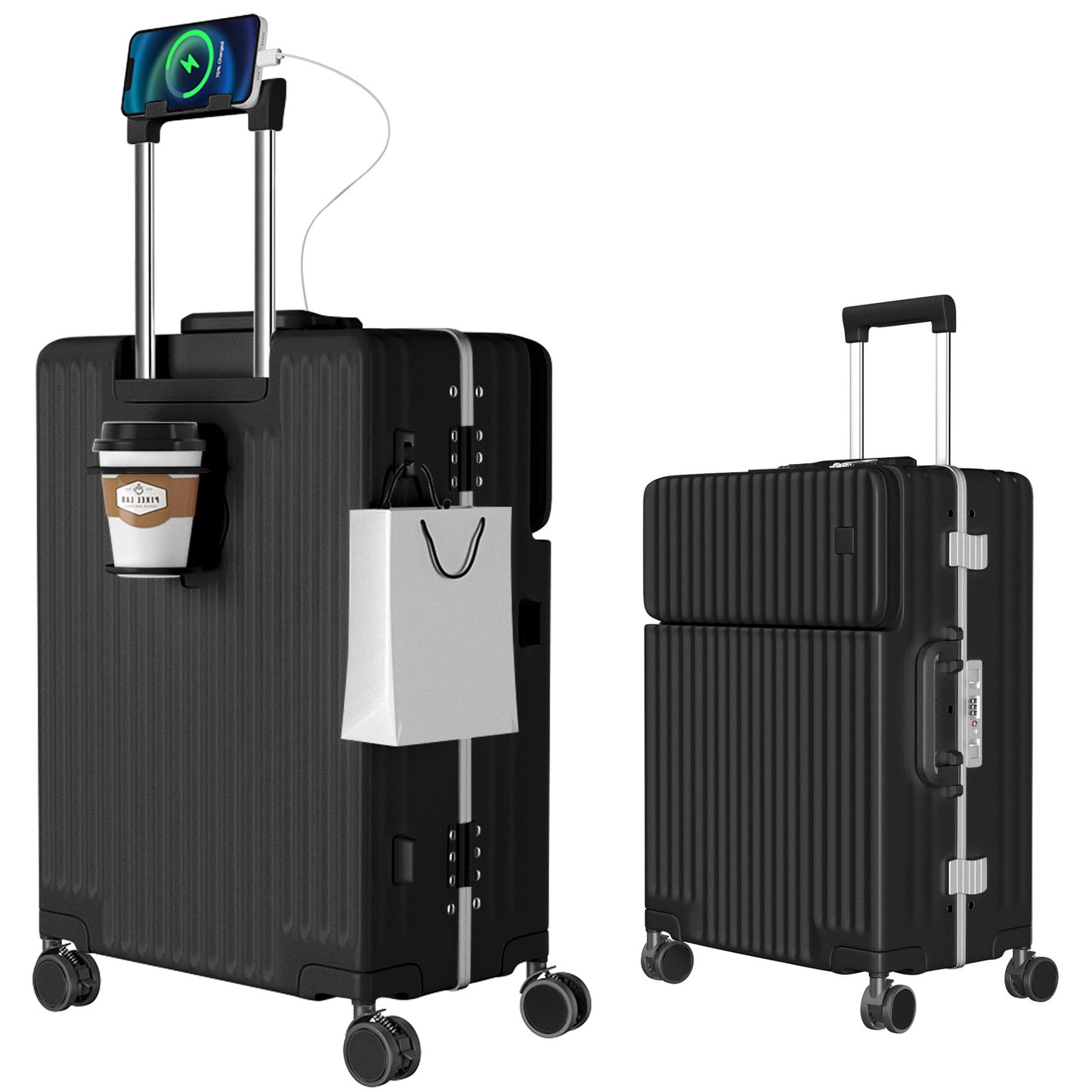 [Ashard] スーツケース 多機能フロントオープン キャリーケース ストッパー付き 機内持ち込み キャリーバッグ 携帯スタンド USBポート付き カップホルダー付き 隠しフック機能 超軽量 耐衝撃 静音 360度回転 ダブルキャスター アルミフレーム ピュアPC材質 大容量 TSAロック搭載 旅行 ビジネス 出張（1-3泊）